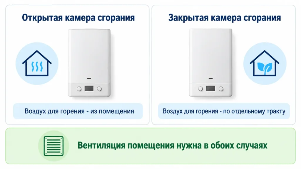 Открытая и закрытая камера сгорания: воздух для горения и вентиляция помещения