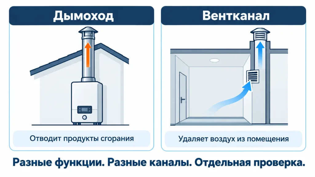 Дымоход удаляет продукты сгорания, вентканал удаляет воздух из помещения