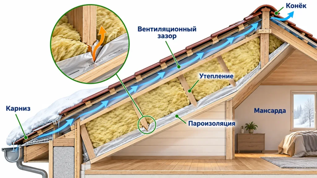 Принципиальный разрез мансарды с пароизоляцией, утеплением и отдельным подкровельным вентиляционным зазором