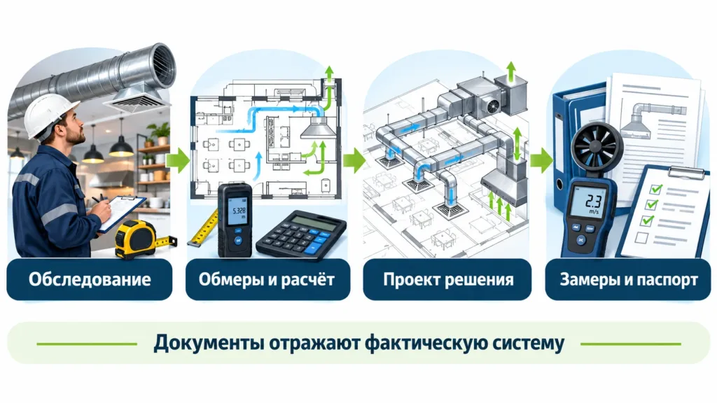 Этапы восстановления решения по вентиляции кафе: обследование, обмеры, проект, замеры и паспорт