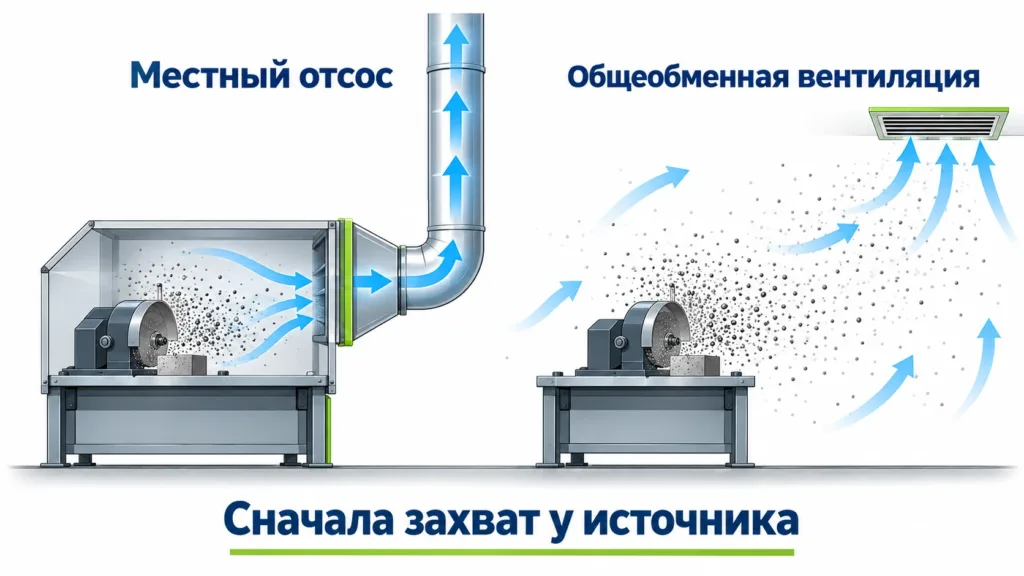 Схема различий между захватом пыли местным отсосом и общеобменной вытяжкой