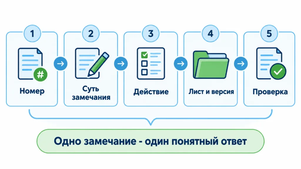 Поля ведомости ответов: номер, суть замечания, действие, лист и версия, проверка